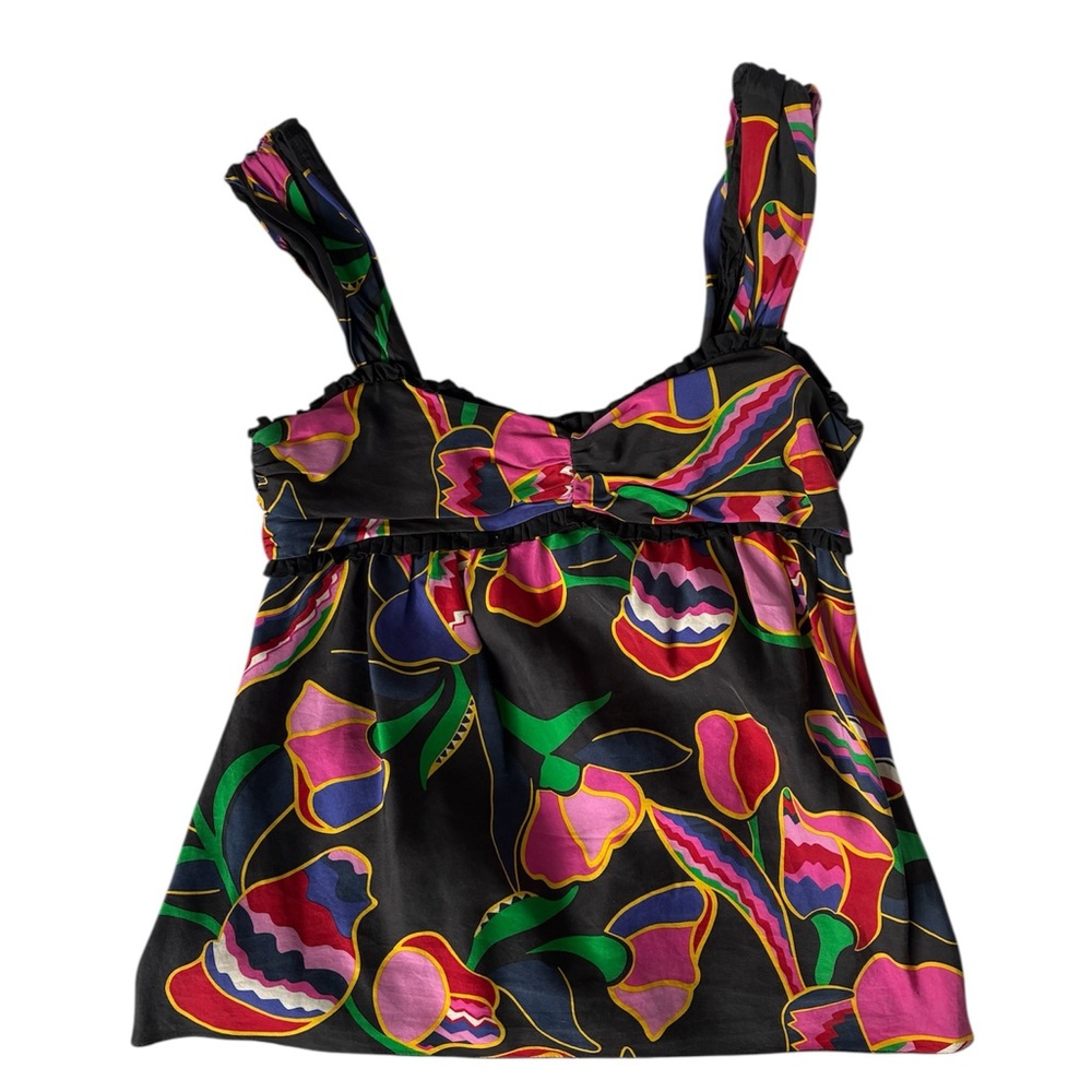 Marc Jacobs Black Floral-Print Tank Top with Pink, Green & Yellow Accents